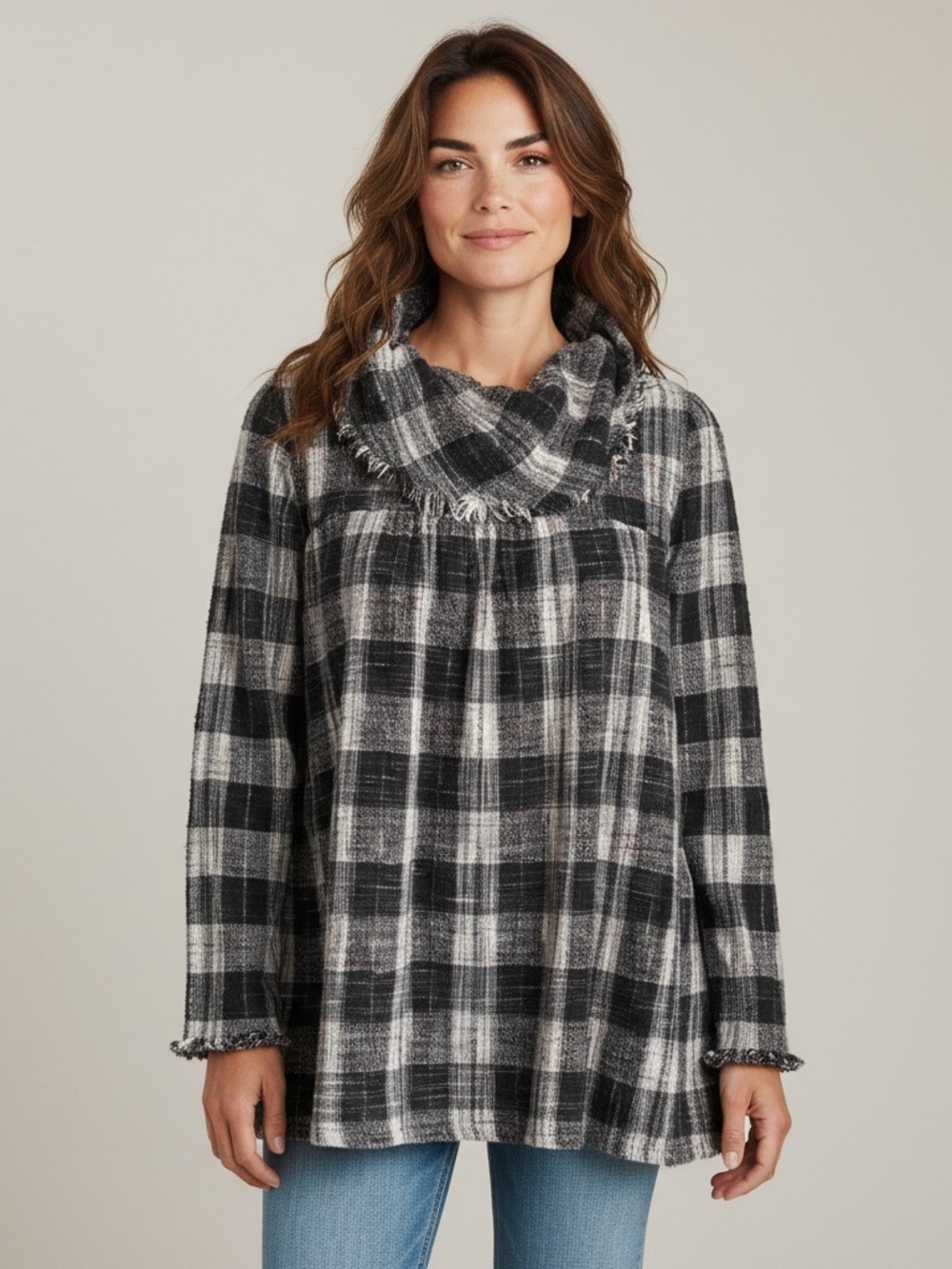Free People Black and White Plaid Top